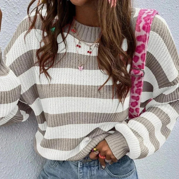 Multicolor Casual Women's Striped Pattern Drop Shoulder Sweater - Picture 1 of 8